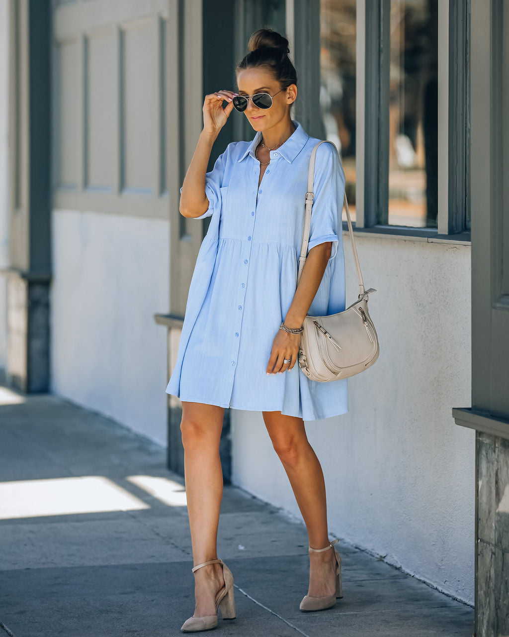 Linen Hails Blend Button Down Shirt Dress Baby Blue