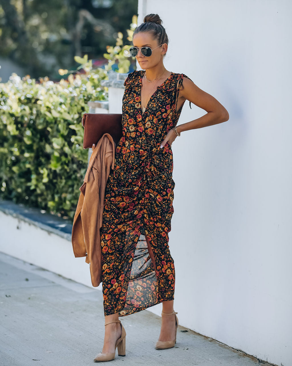 Born To Run Flower Ruched Midi Dress