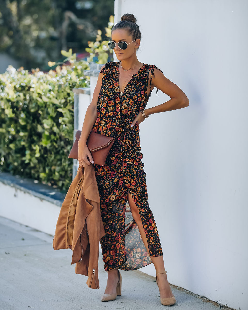 Born To Run Flower Ruched Midi Dress