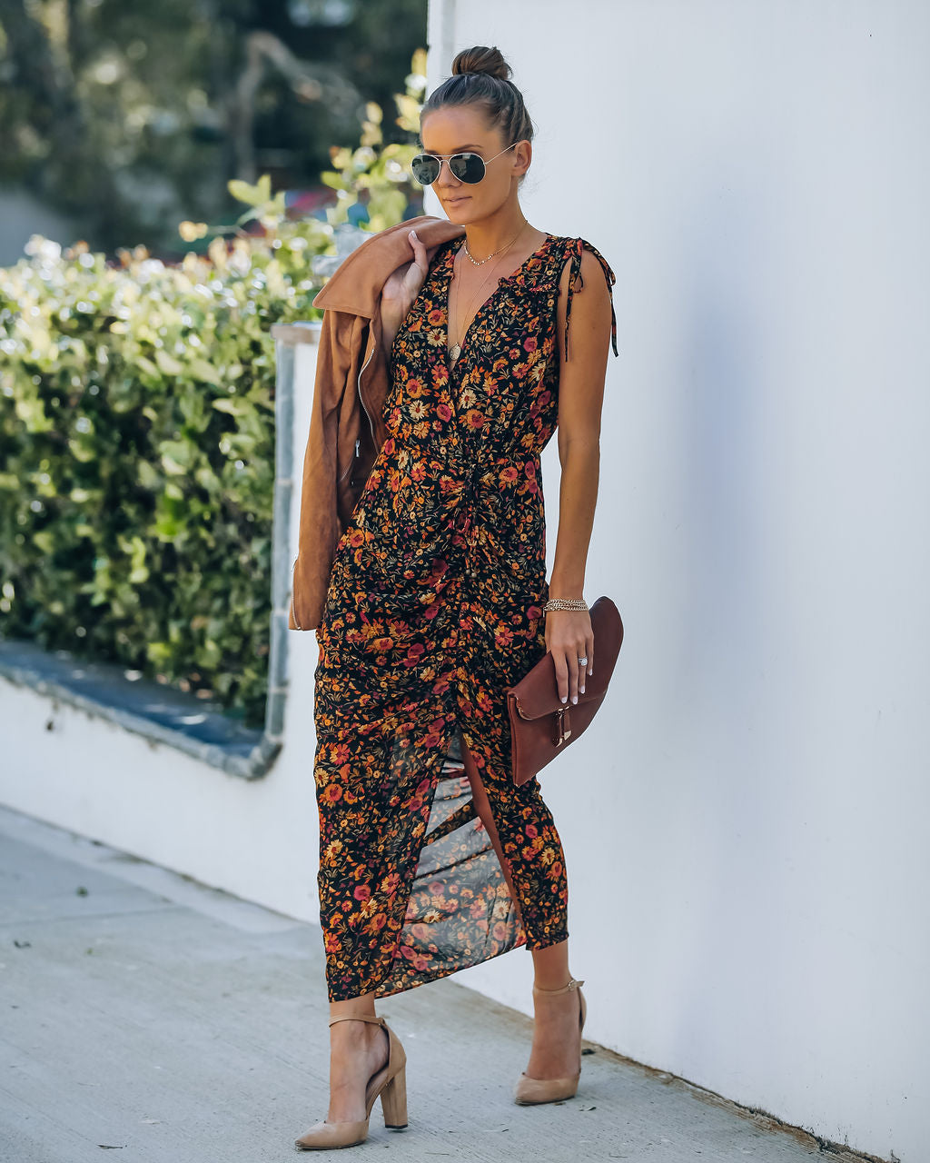 Born To Run Flower Ruched Midi Dress