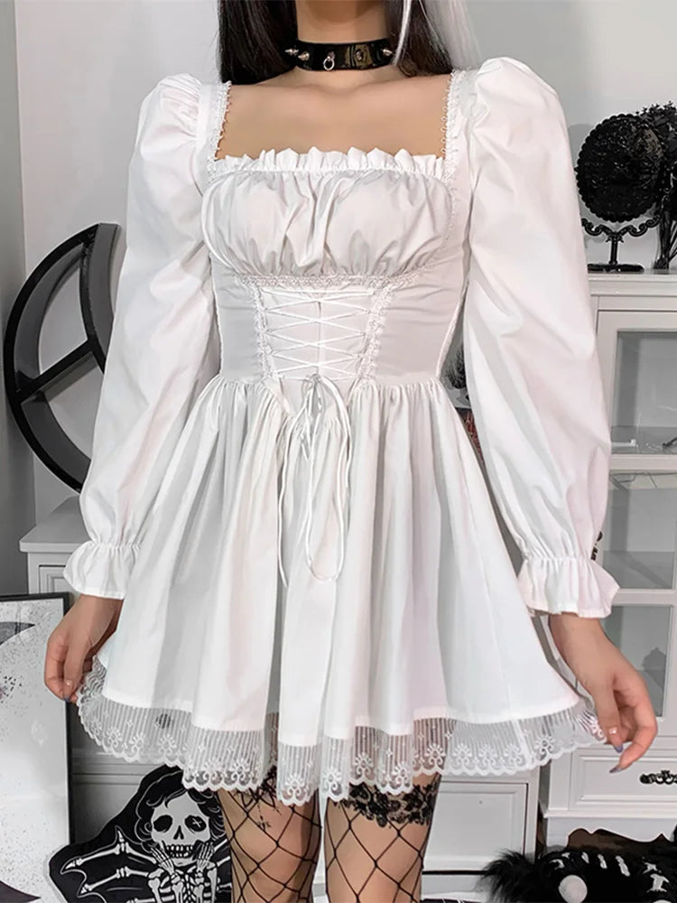 Gothic Spaghetti Strap Lace Satin Slip Classic Square Collar Mini Dress