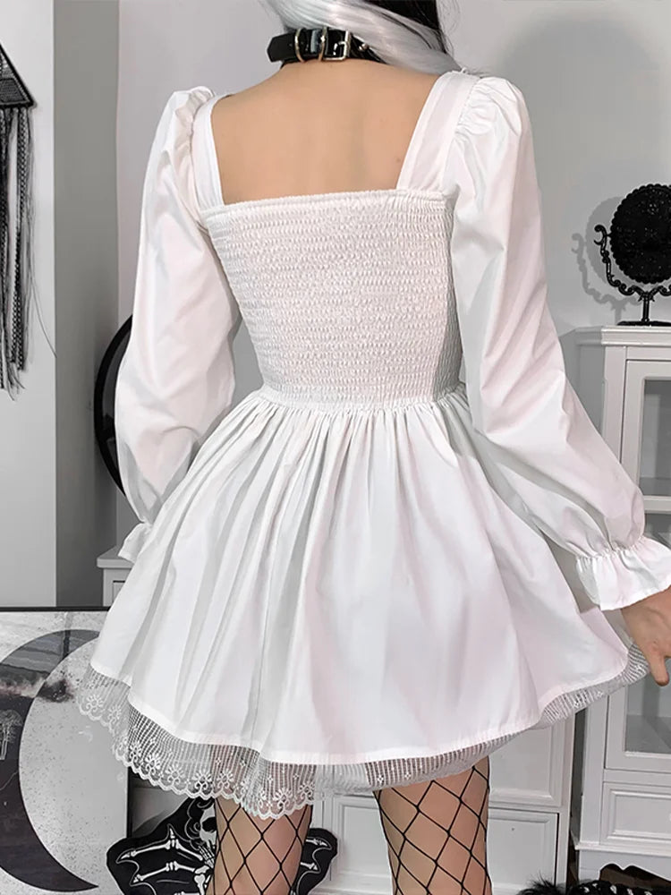 Gothic Spaghetti Strap Lace Satin Slip Classic Square Collar Mini Dress