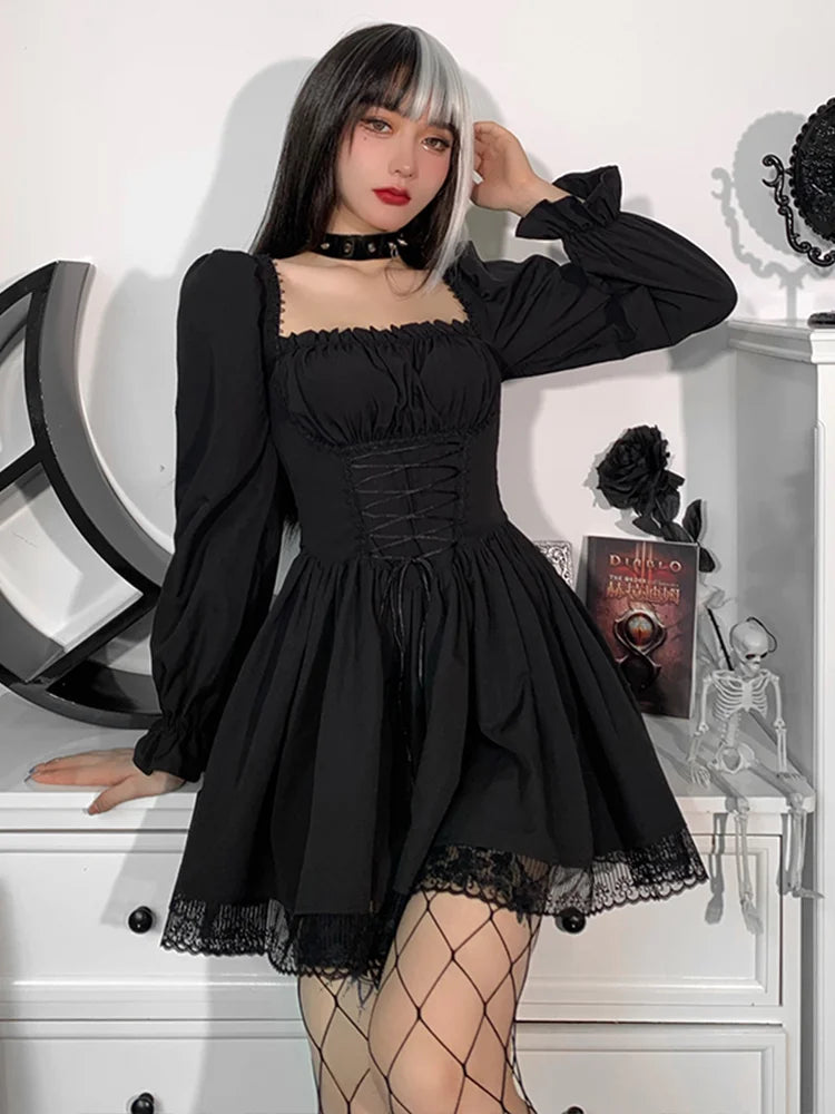 Gothic Spaghetti Strap Lace Satin Slip Classic Square Collar Mini Dress