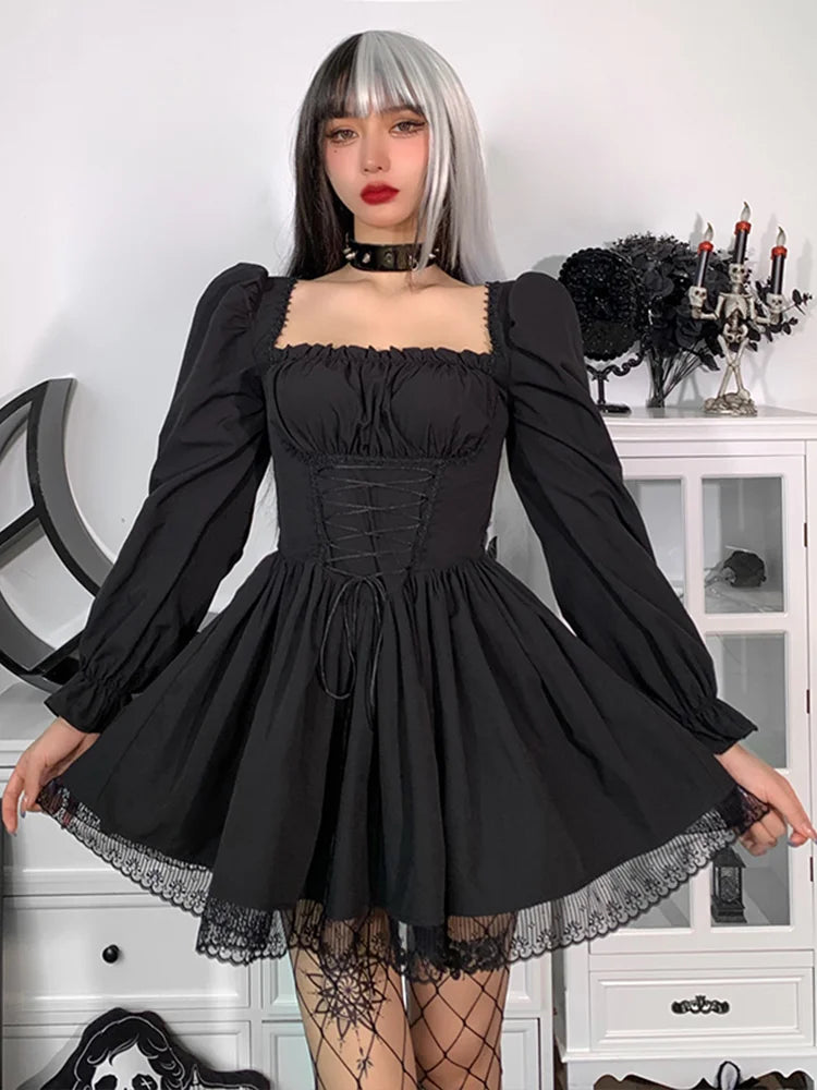 Gothic Spaghetti Strap Lace Satin Slip Classic Square Collar Mini Dress