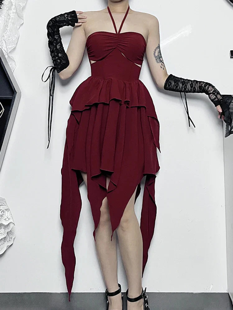 Neck Halter Sleeveless Ruched Bodycon Asymmetrical ALine Hem Party Cocktail Mini Dress