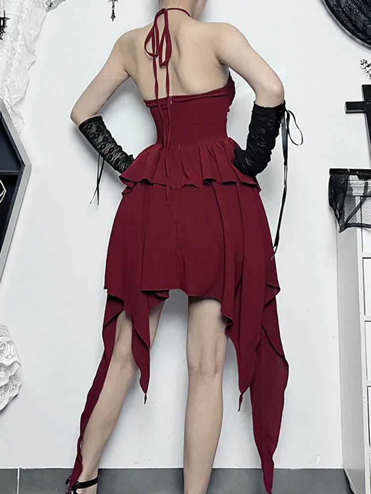 Neck Halter Sleeveless Ruched Bodycon Asymmetrical ALine Hem Party Cocktail Mini Dress