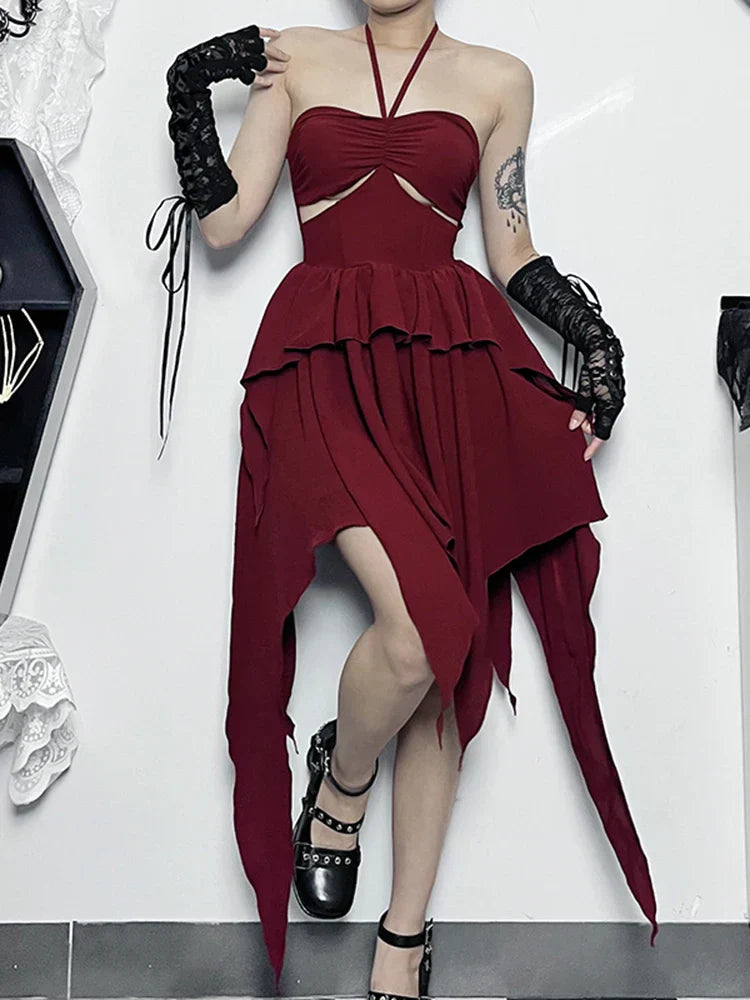 Neck Halter Sleeveless Ruched Bodycon Asymmetrical ALine Hem Party Cocktail Mini Dress