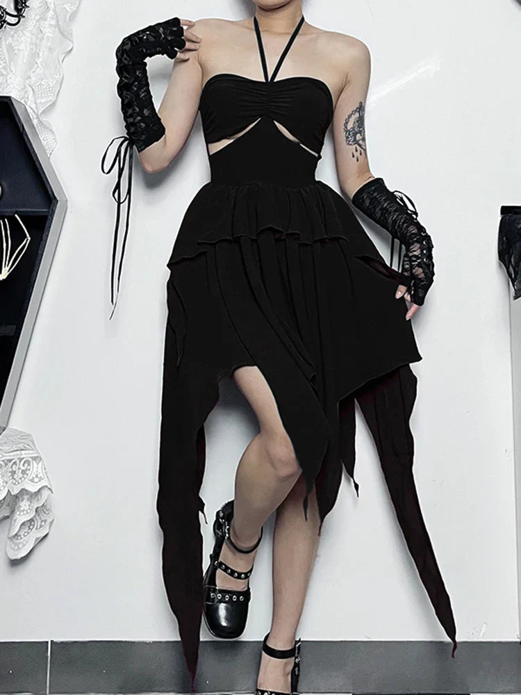 Neck Halter Sleeveless Ruched Bodycon Asymmetrical ALine Hem Party Cocktail Mini Dress
