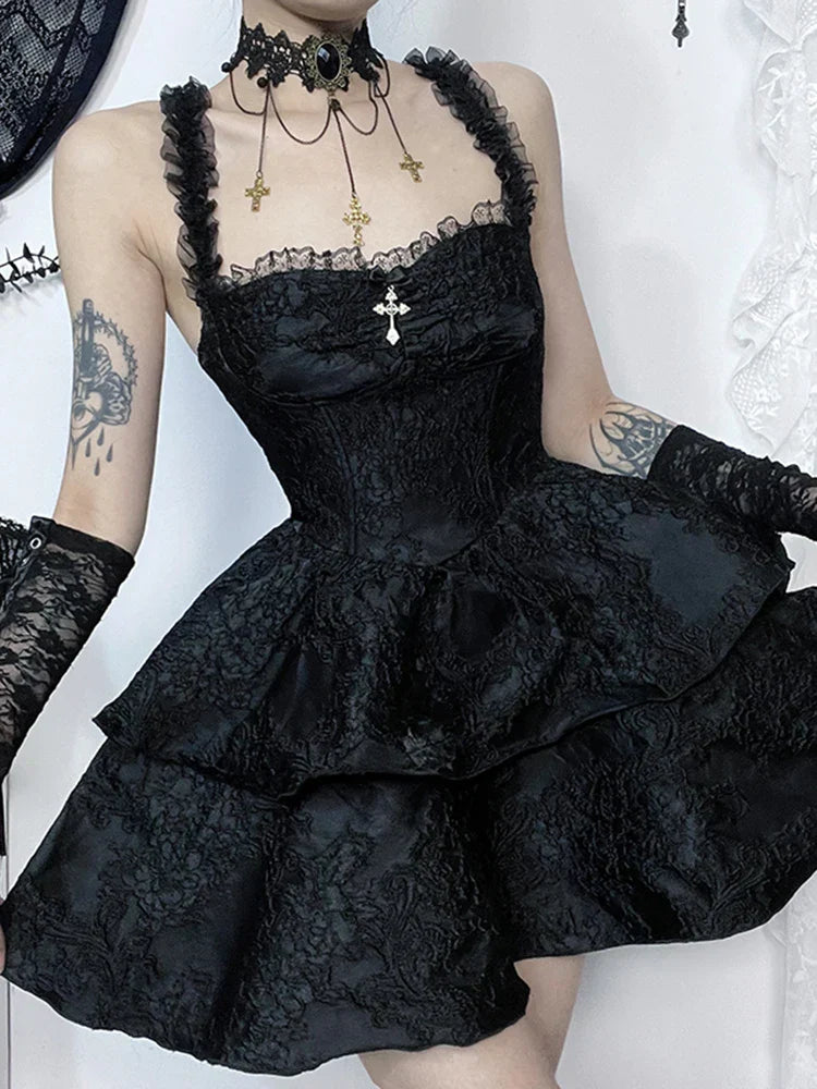 Timeless Gothic Jacquard Double Cake Lace Backless Suspender A Line Mini Dress