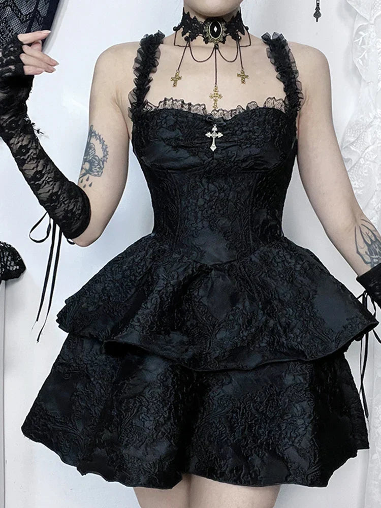 Timeless Gothic Jacquard Double Cake Lace Backless Suspender A Line Mini Dress