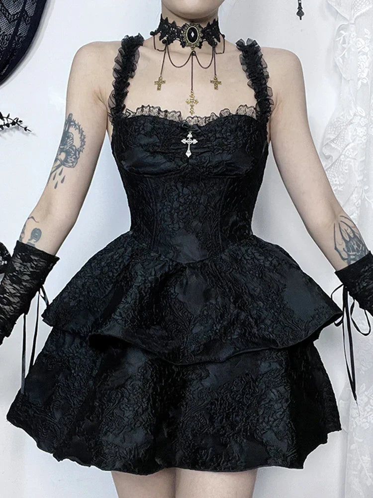 Timeless Gothic Jacquard Double Cake Lace Backless Suspender A Line Mini Dress
