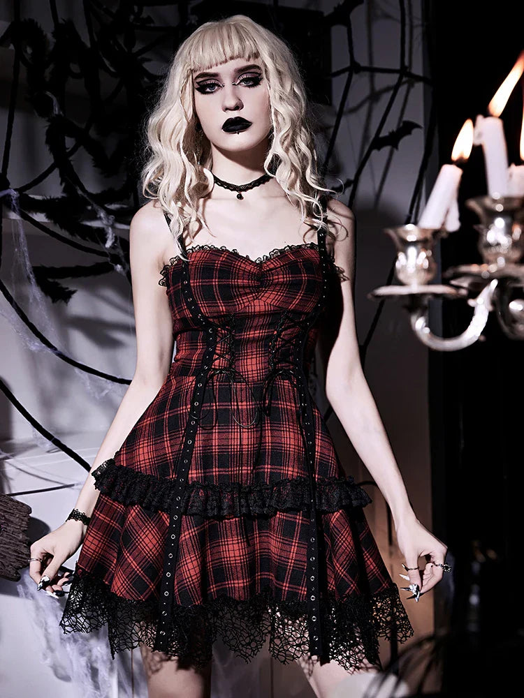 Plaid Gothic Red Timeless Slip Dress Lace Trim Backless Mini Dress