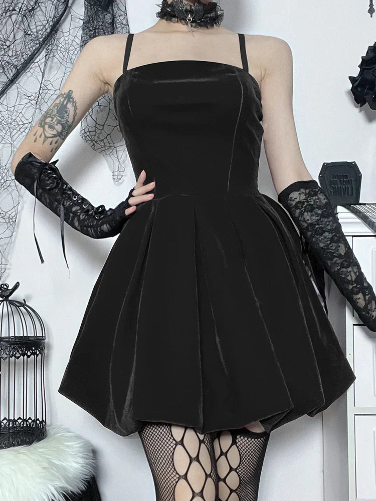 Velvet Gothic Shirring High Waist Solid Spaghetti Straps A Line Mini Dress