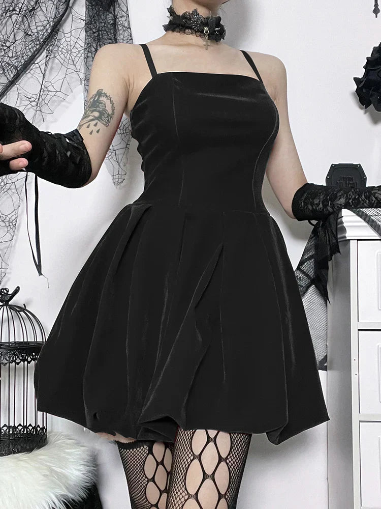 Velvet Gothic Shirring High Waist Solid Spaghetti Straps A Line Mini Dress