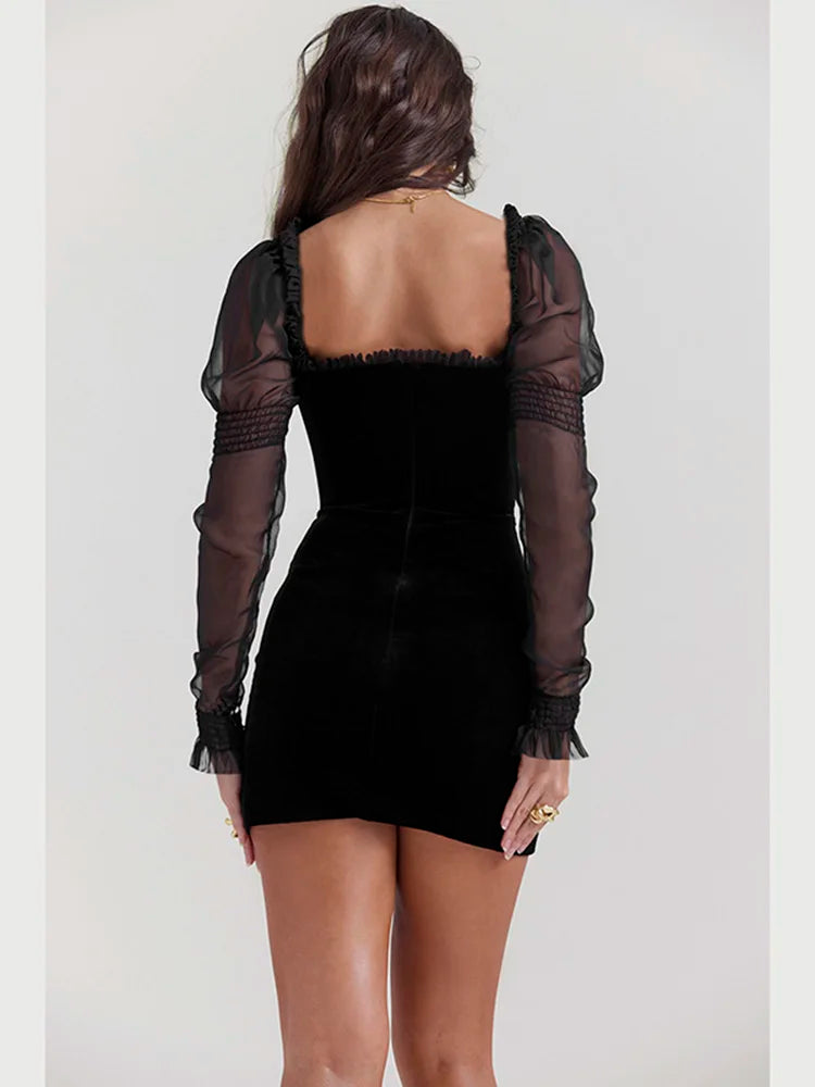 Wooden Gothic Ear Edge Wrap Hip Mesh Long Sleeve Square Neck Ruched Bodycon Mini Dress