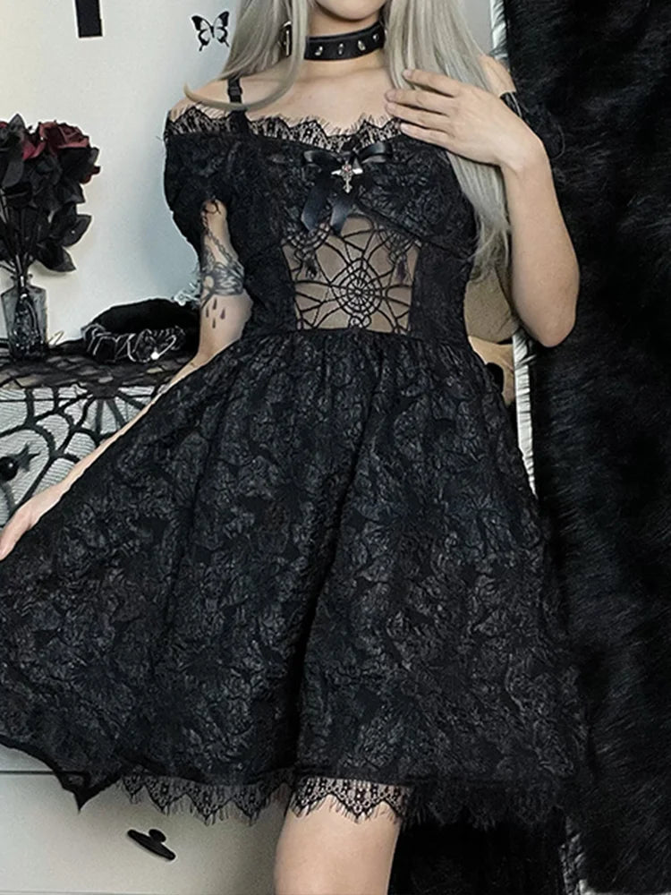 Mini Party Aesthetic One Shoulder Strap Lace Cutouts Graceful ALine High Waist Prom Y2K Grunge Clubwear Dress