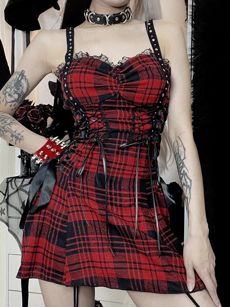 Plaid Red Street Goth Fairy Grunge Y2K Pleated LaceUp Tube Lolita Eyelet Corset Mini Dress