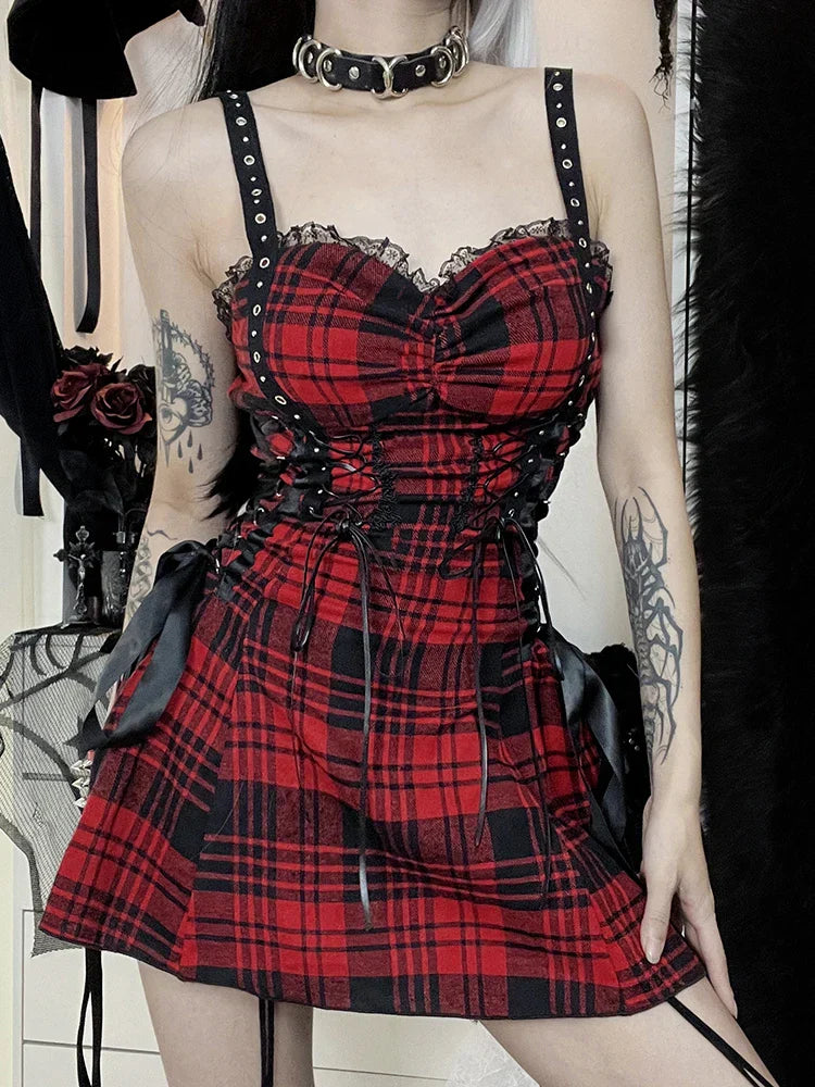 Plaid Red Street Goth Fairy Grunge Y2K Pleated LaceUp Tube Lolita Eyelet Corset Mini Dress