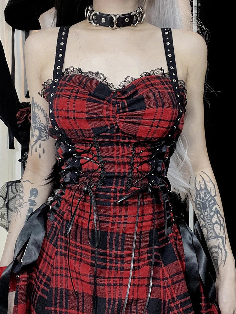 Plaid Red Street Goth Fairy Grunge Y2K Pleated LaceUp Tube Lolita Eyelet Corset Mini Dress