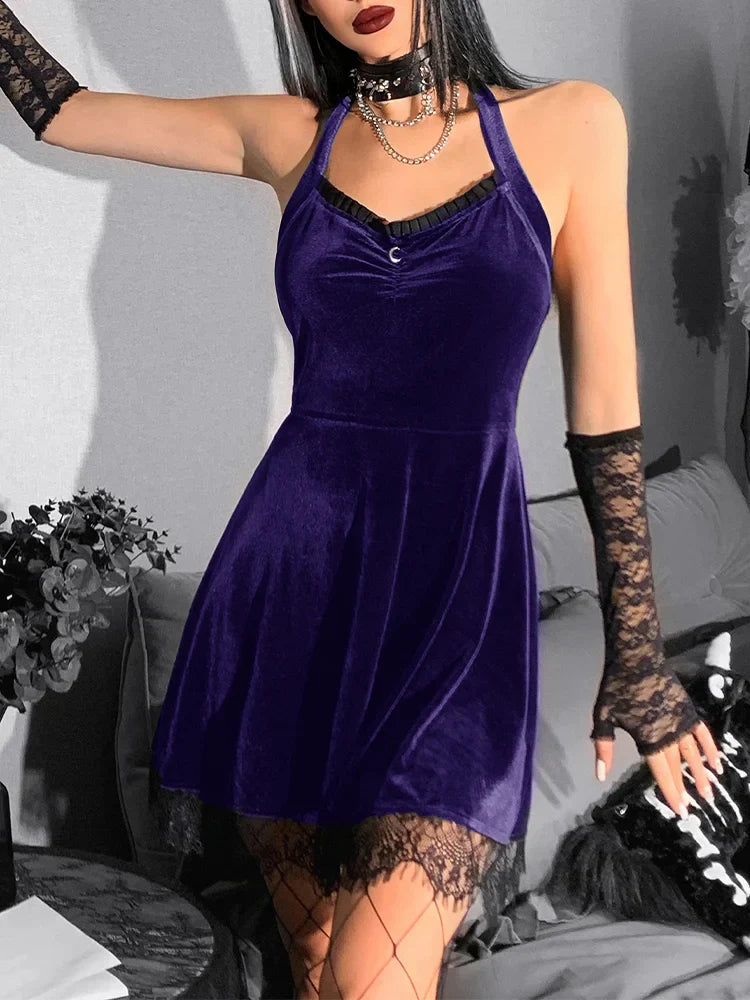 Gothic Velvet Green Halter Y2K Backless Lace Patchwork High Waist Mini Dress