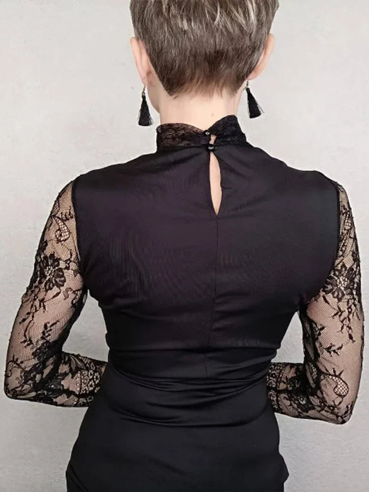 Timeless Lace Long Sleeve Bodycon Hollow Out Turtle Neck Gothic Mini Dress