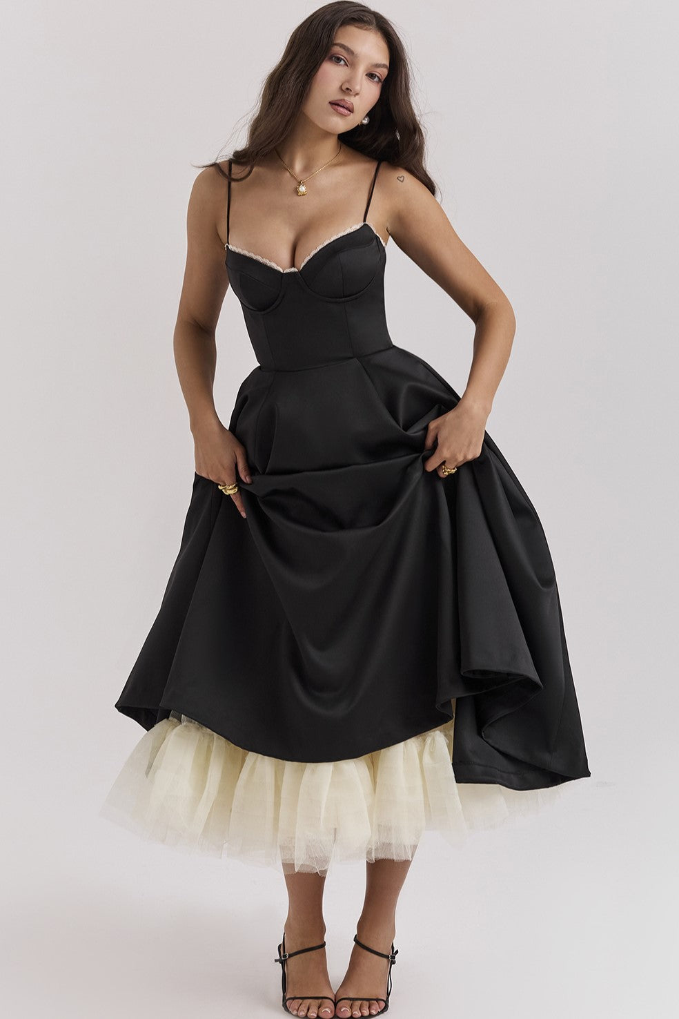 Mesh Lace Sweetheart Neck Midi Dress