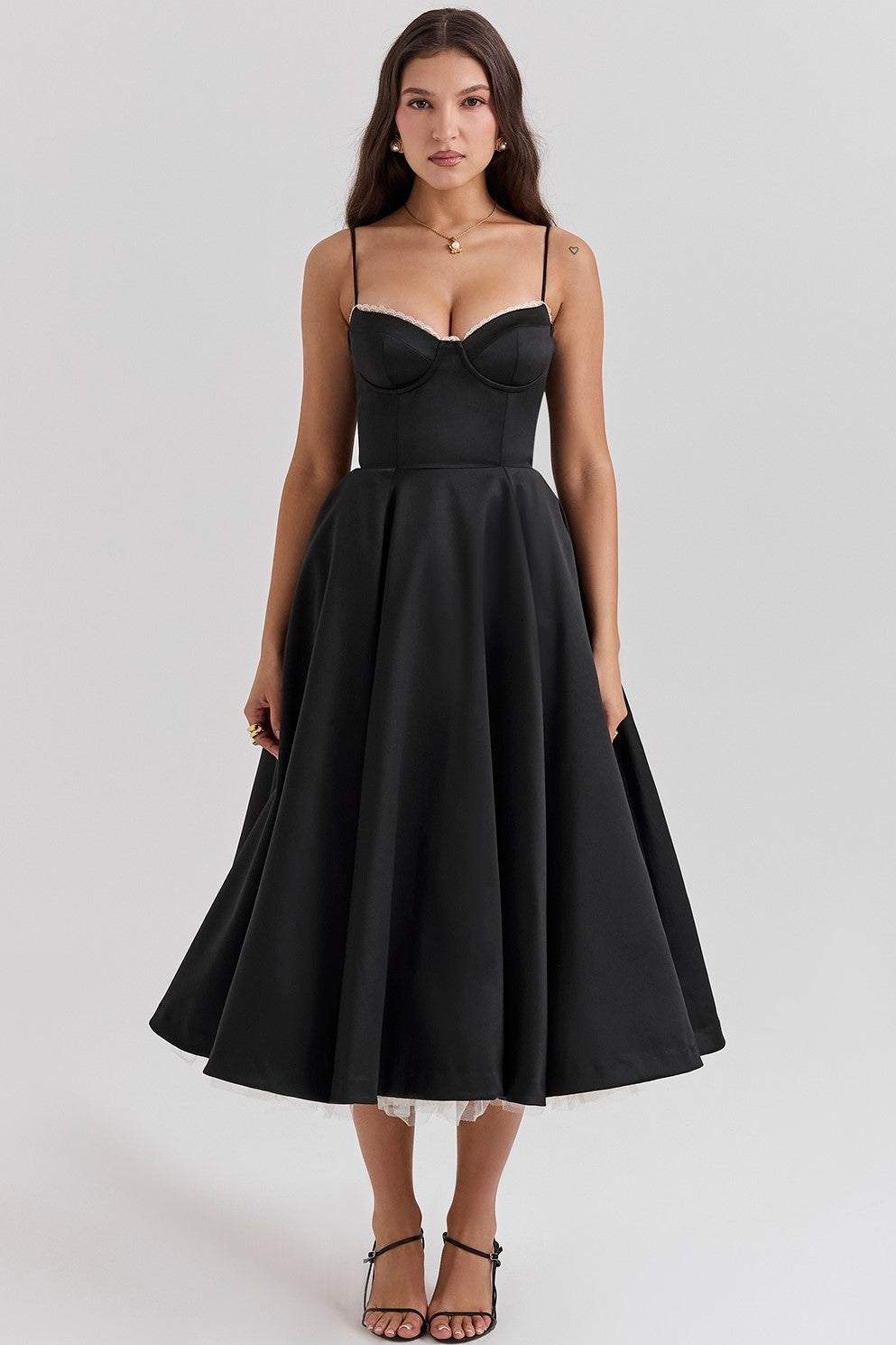 Mesh Lace Sweetheart Neck Midi Dress
