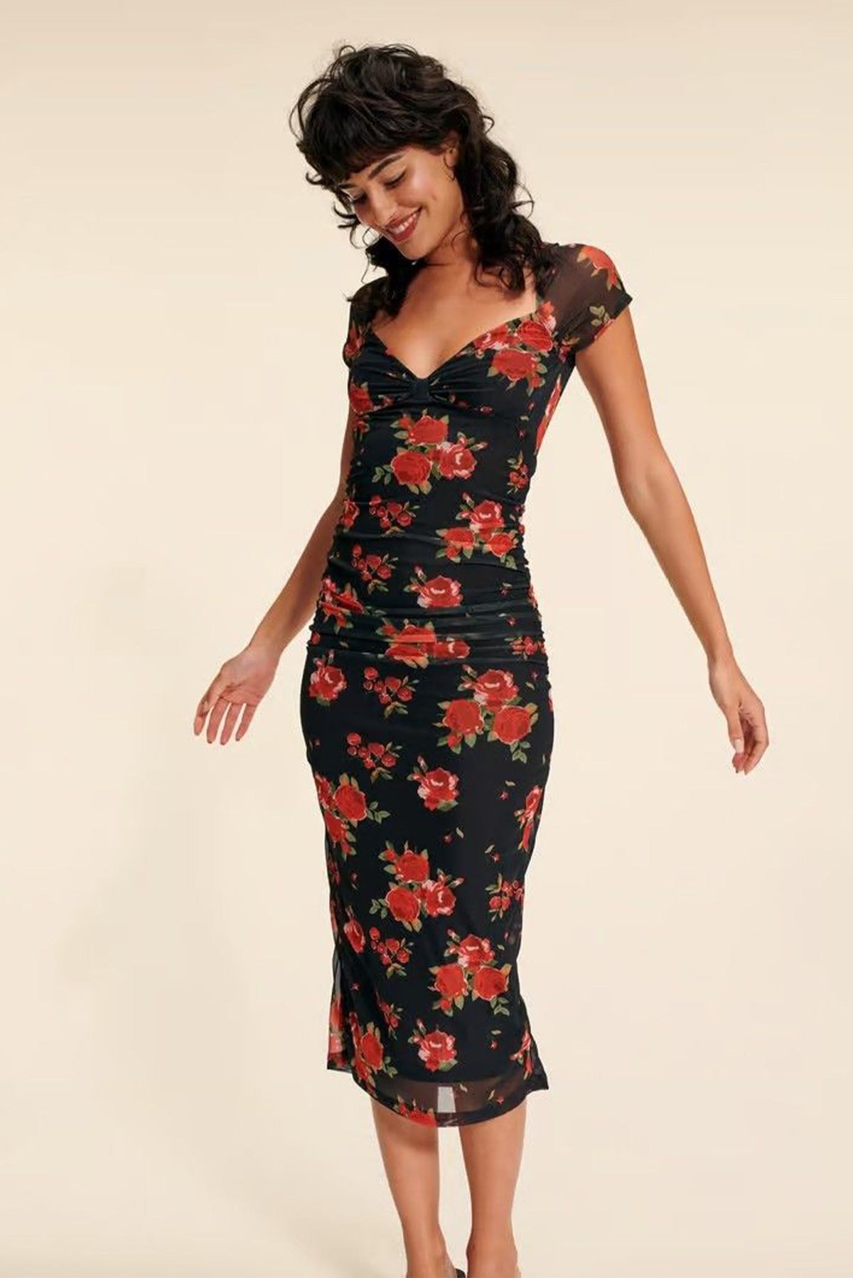 Flower Mesh Sweetheart Neck Midi Dress