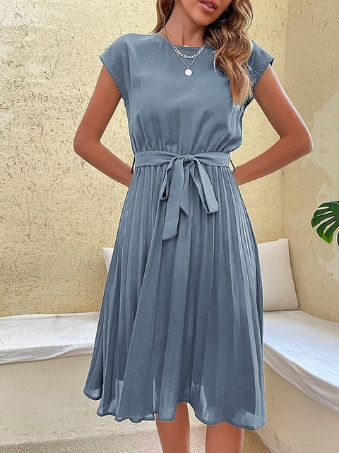 Leonor Statement Short Sleeve Pleated Relaxed Mini Dress for Summer Chic Silhouette Collection