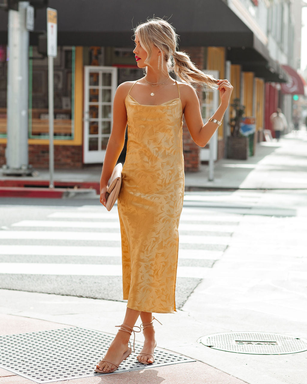 Satin Janene Cowl Neck Midi Dress Golden Yellow FINAL