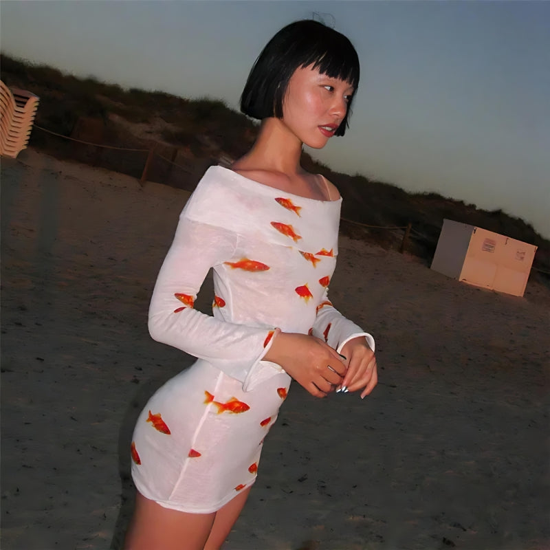 Fish Koi Printed Mesh Mini Dress