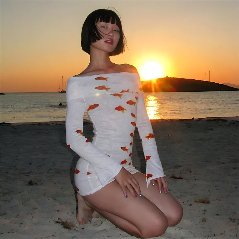 Fish Koi Printed Mesh Mini Dress