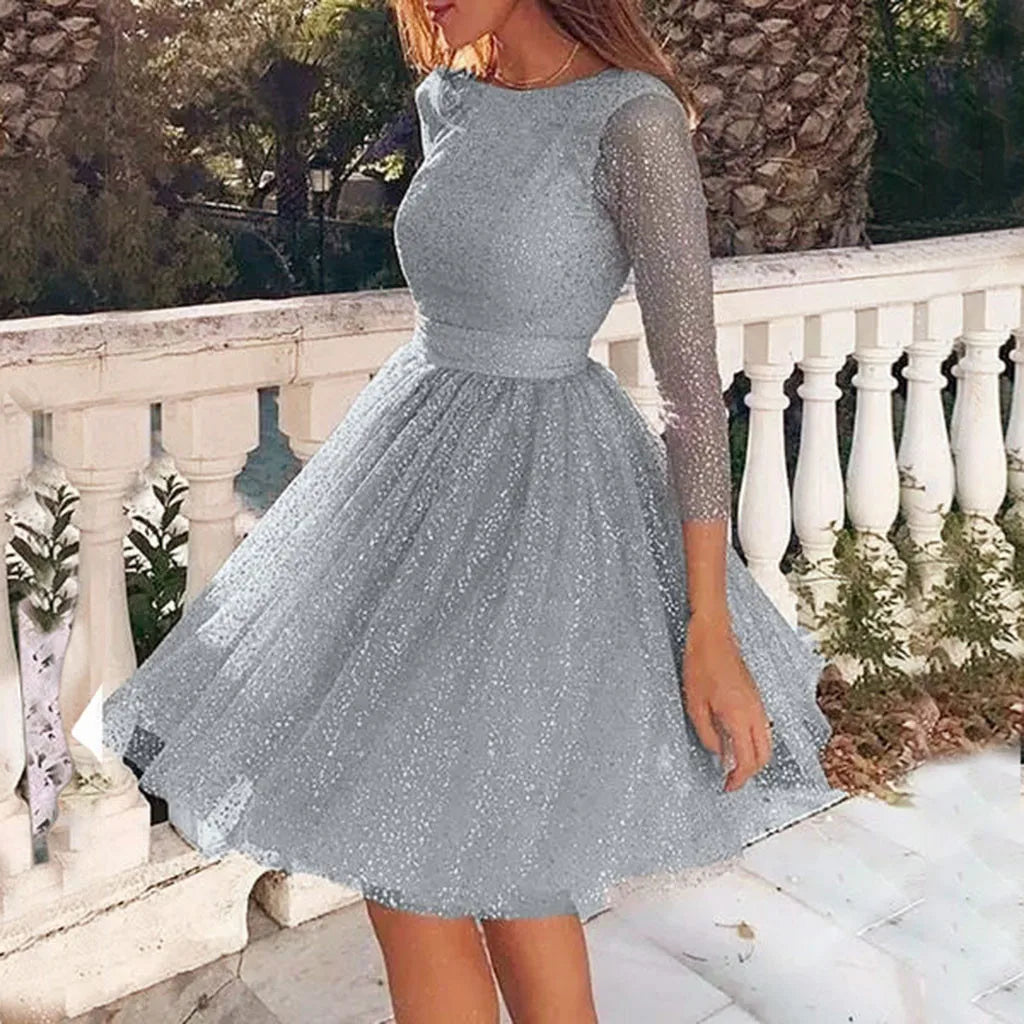 Fashion Korean Long Sleeve Mesh Party Midi Dress