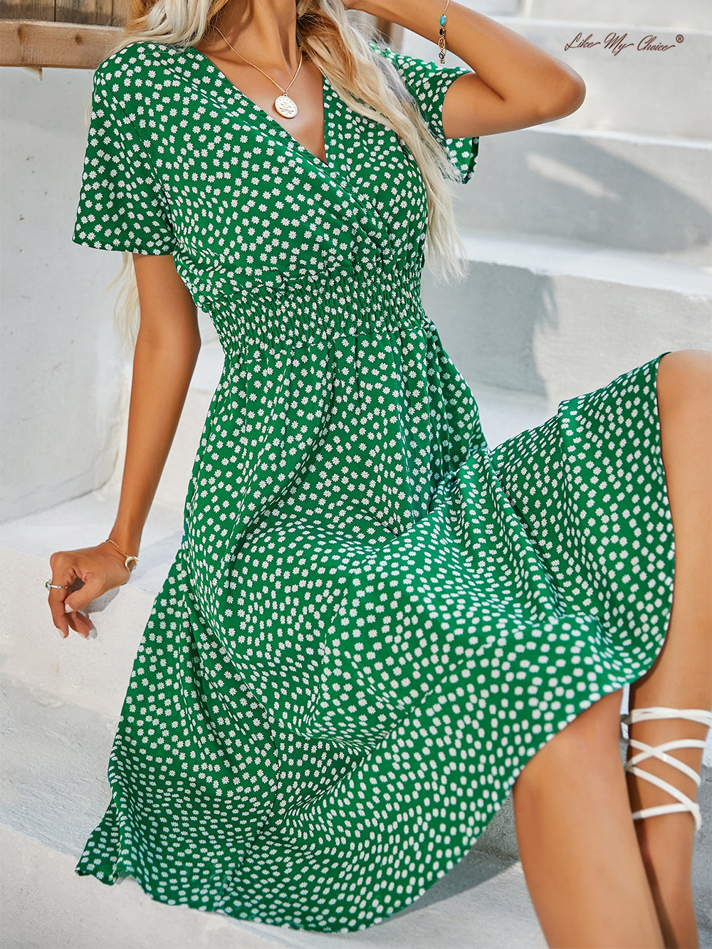 neck V Polka Dot Crushed Flower Short Sleeve Dress