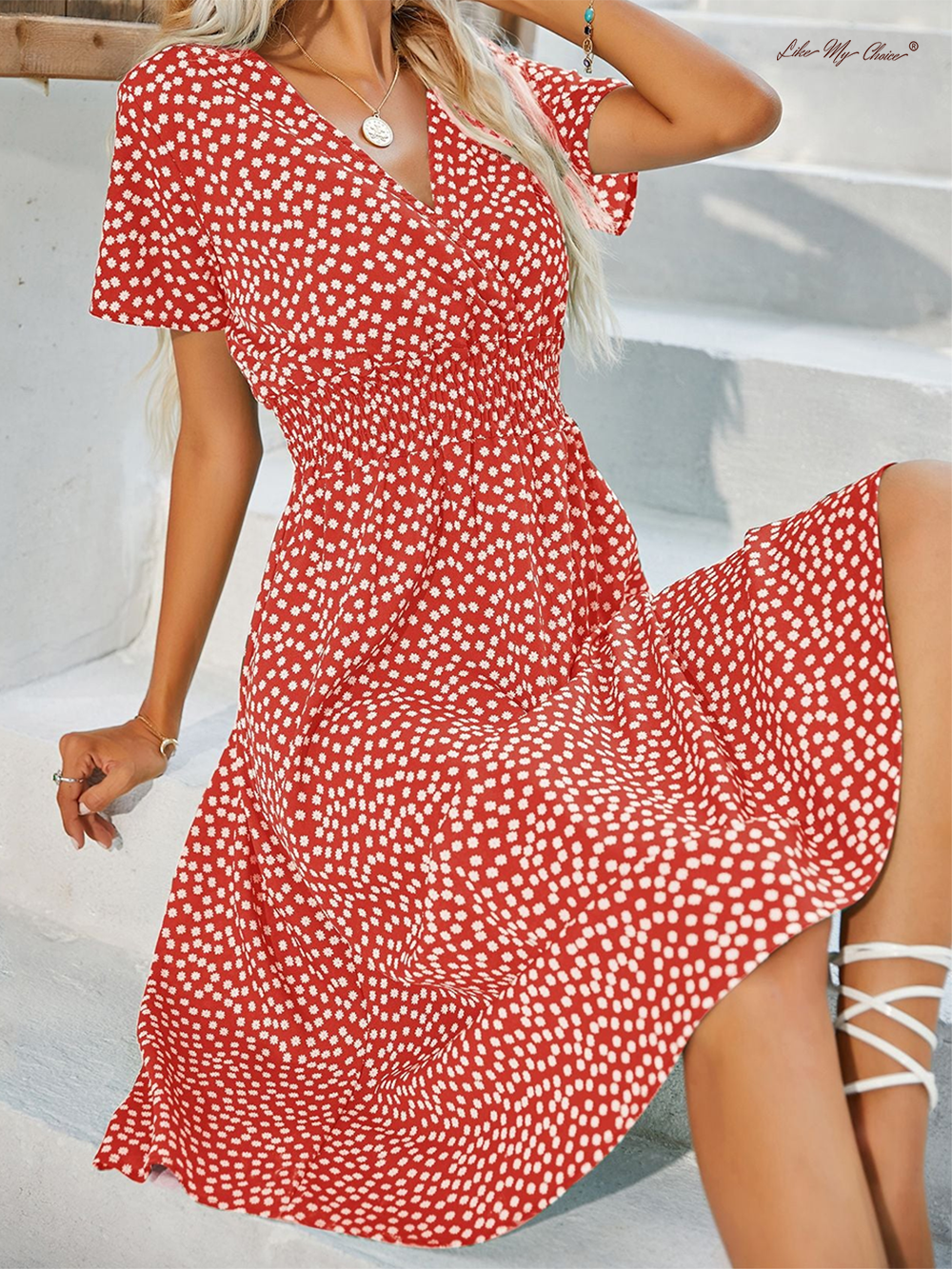 neck V Polka Dot Crushed Flower Short Sleeve Dress