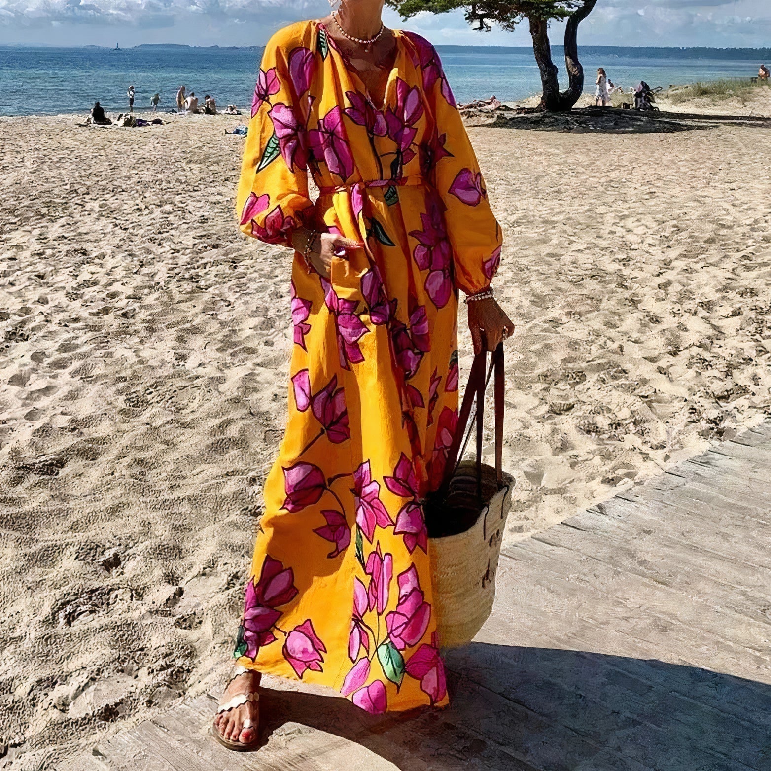 Tamar Elevated Deep V Neck Maxi Dress with Floral Print Boutique Edit
