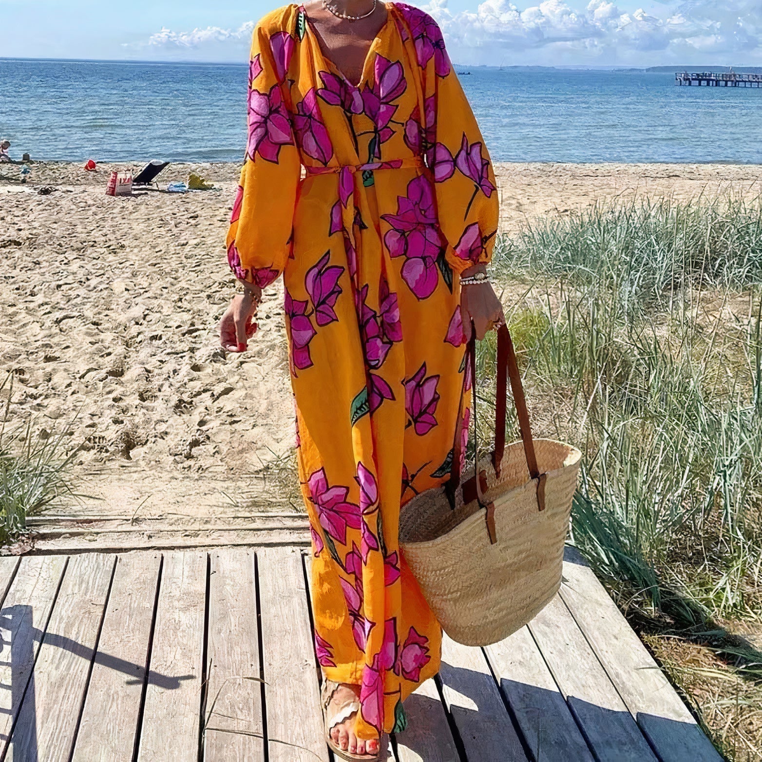 Tamar Elevated Deep V Neck Maxi Dress with Floral Print Boutique Edit