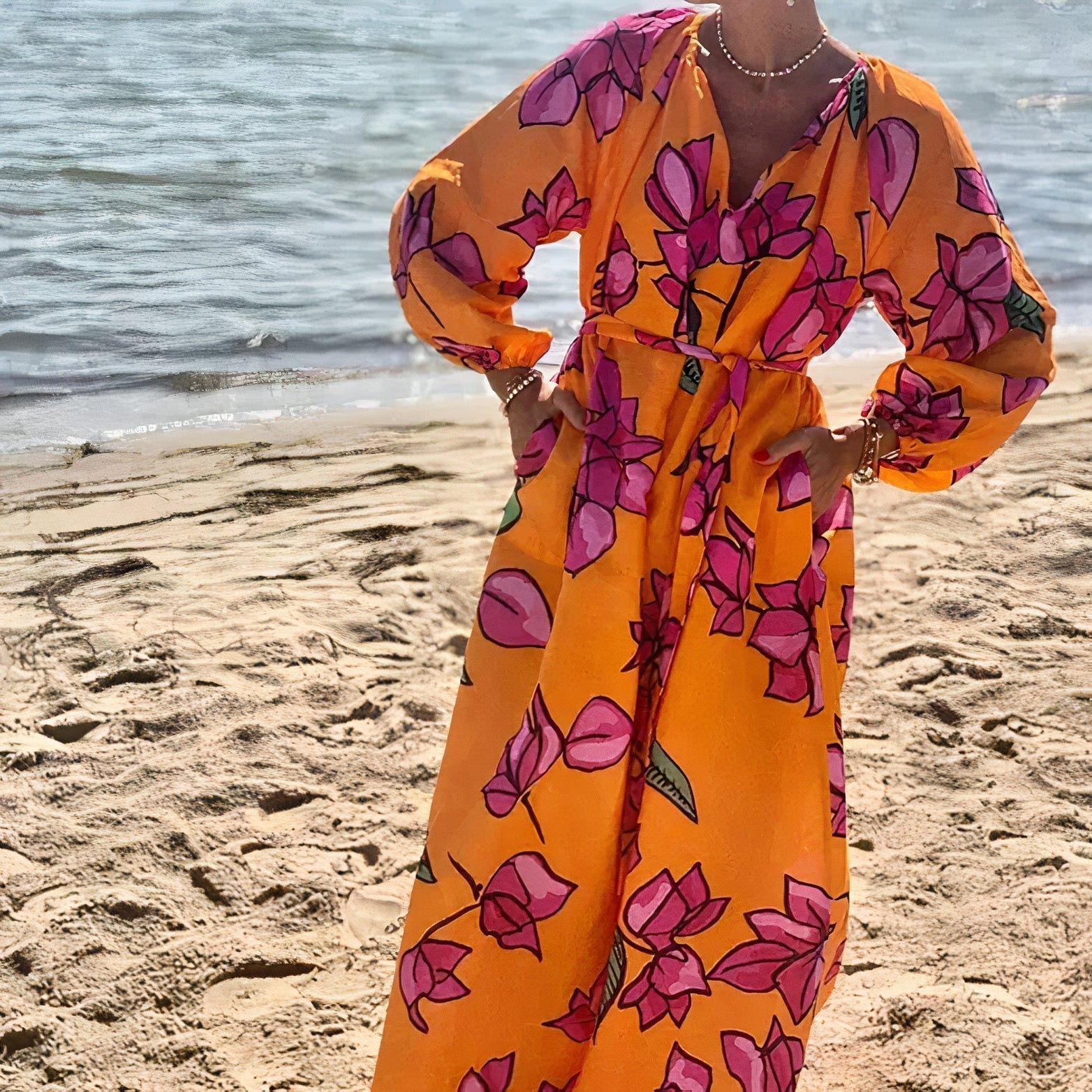 Tamar Elevated Deep V Neck Maxi Dress with Floral Print Boutique Edit