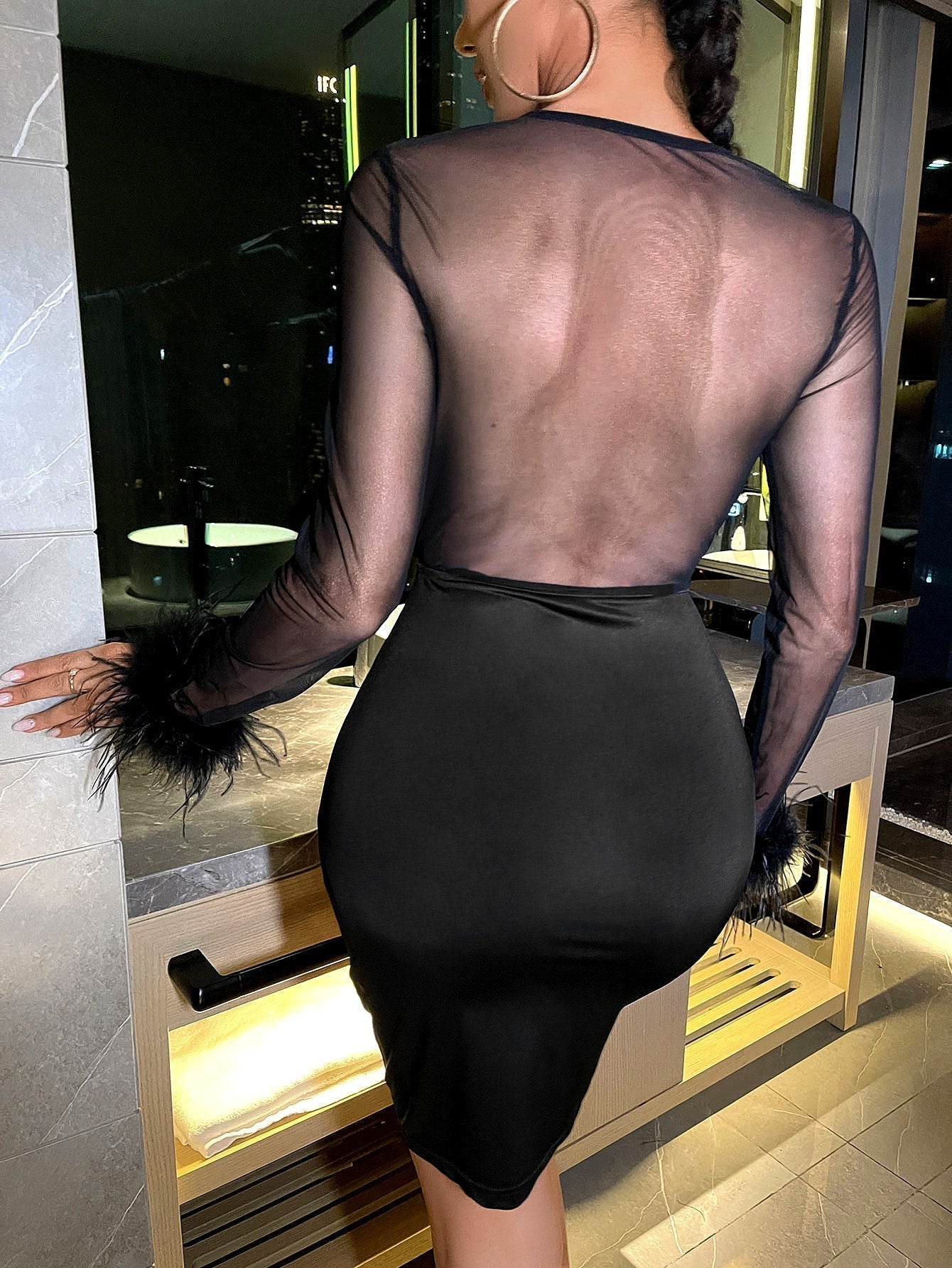Block Lace Cut Out Waist Bodycon Dress