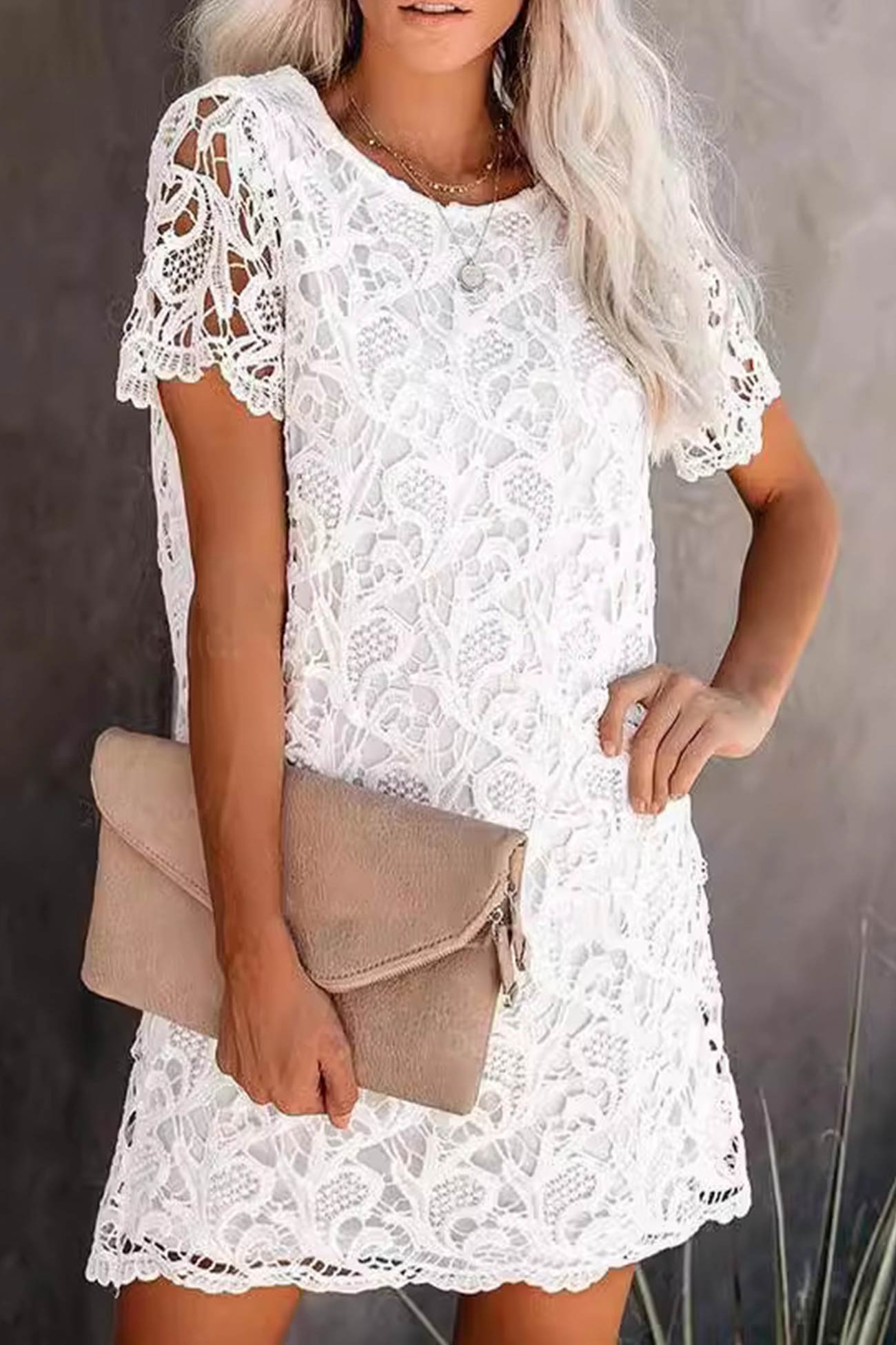 Crew Lace Neck Short Sleeve Mini Dress