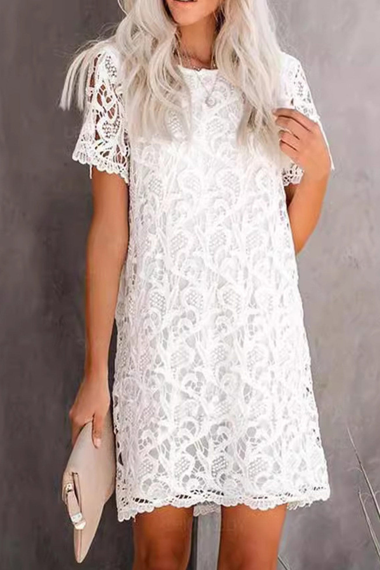Crew Lace Neck Short Sleeve Mini Dress