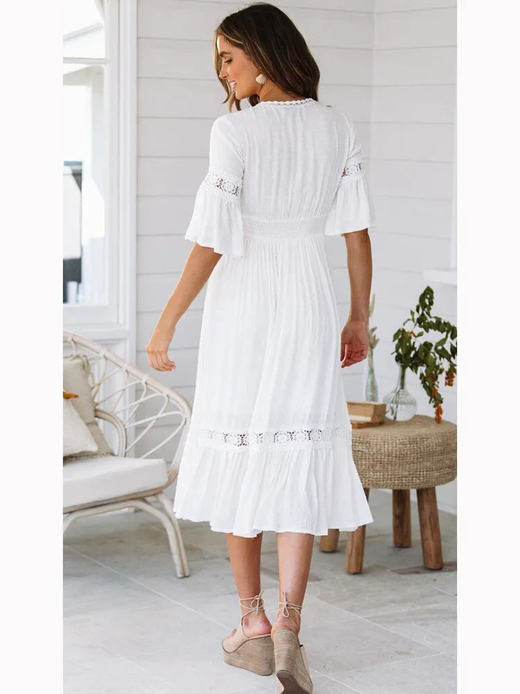 Neck V Lace Splice Boho Midi Dress