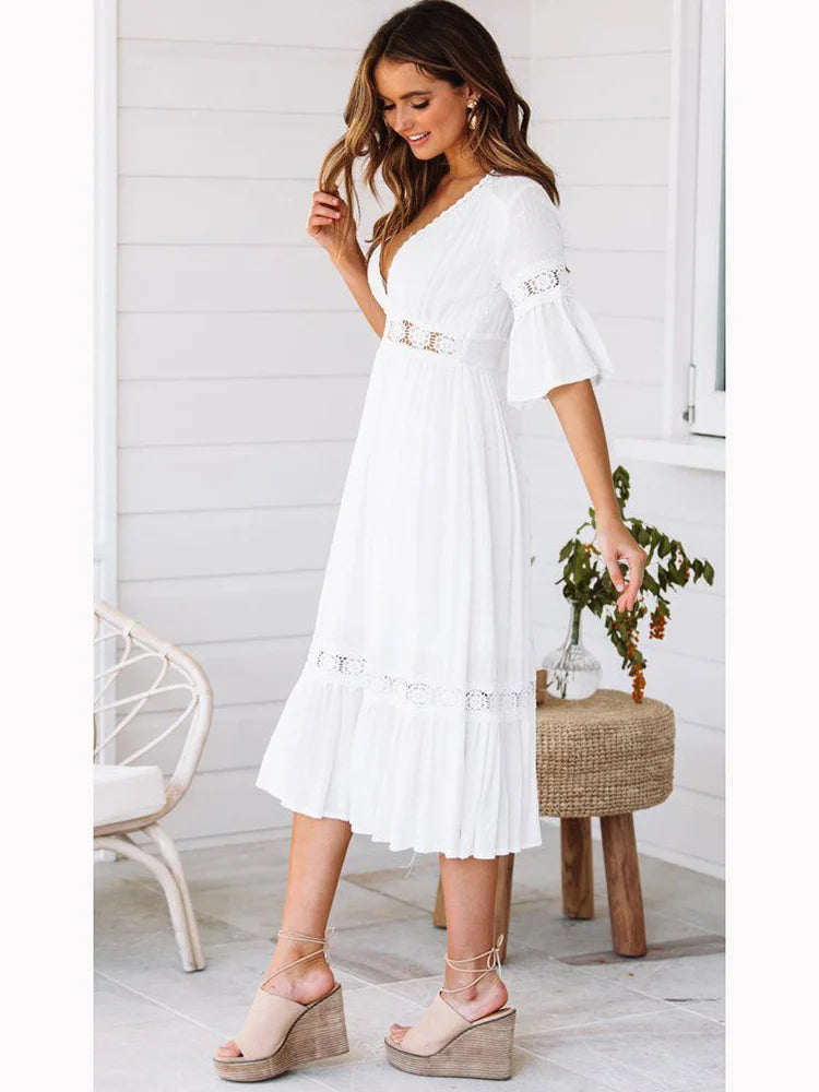 Neck V Lace Splice Boho Midi Dress