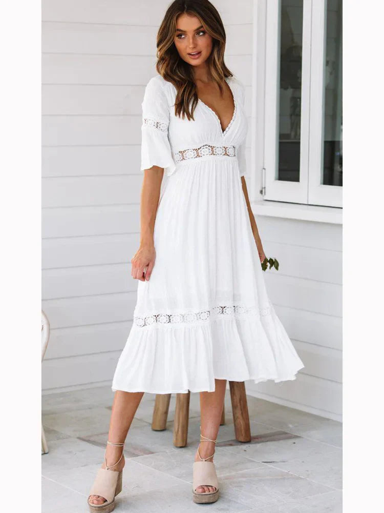 Neck V Lace Splice Boho Midi Dress