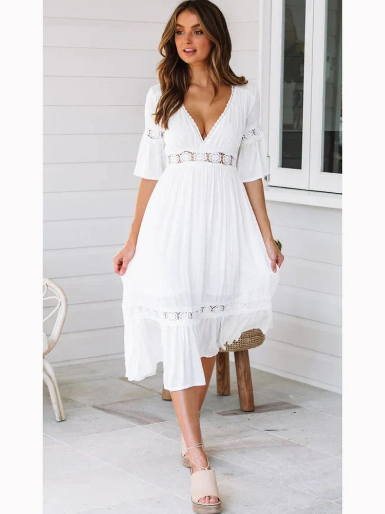 Neck V Lace Splice Boho Midi Dress