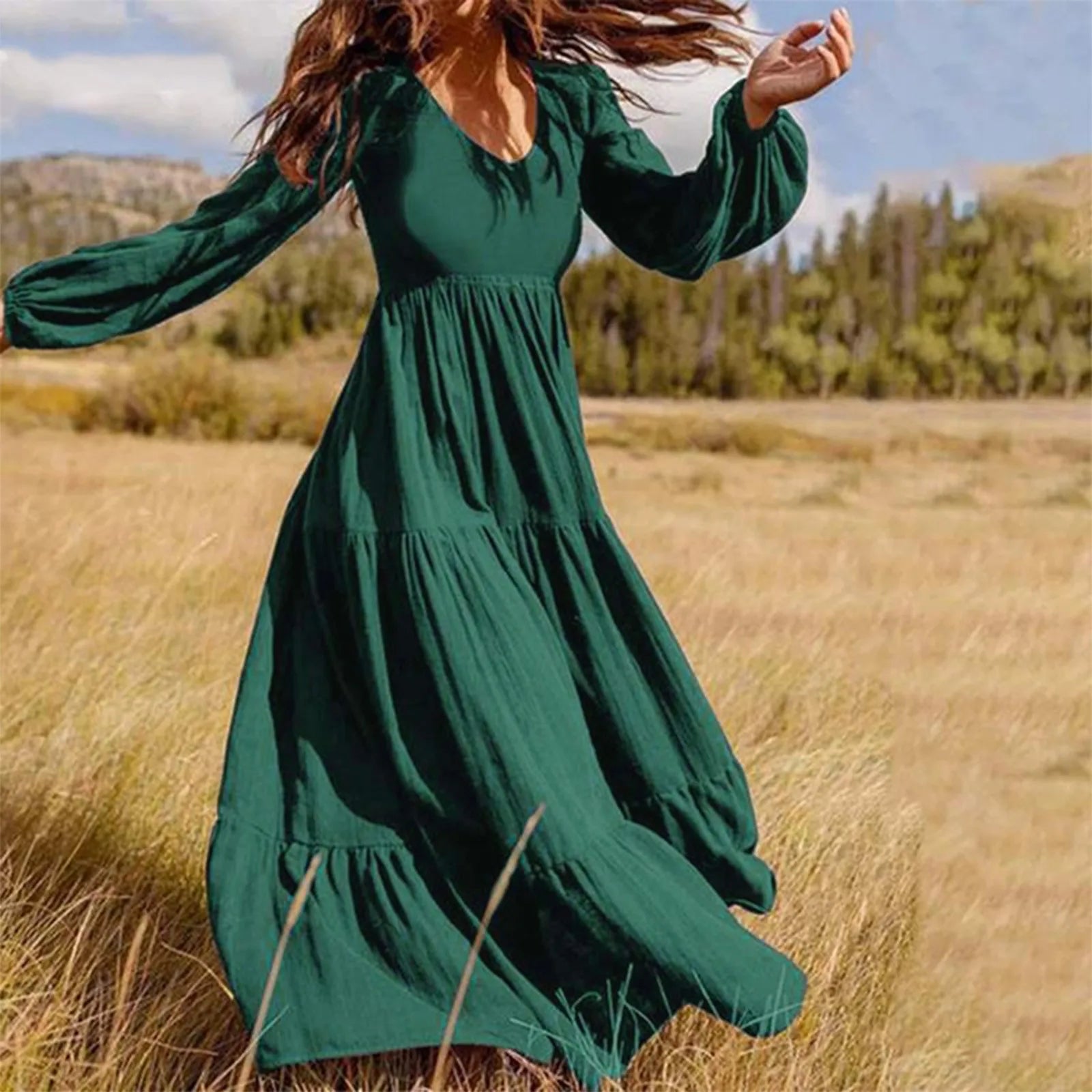 2024 Plus Size Solid Color VNeck ALine Boho Maxi Dress