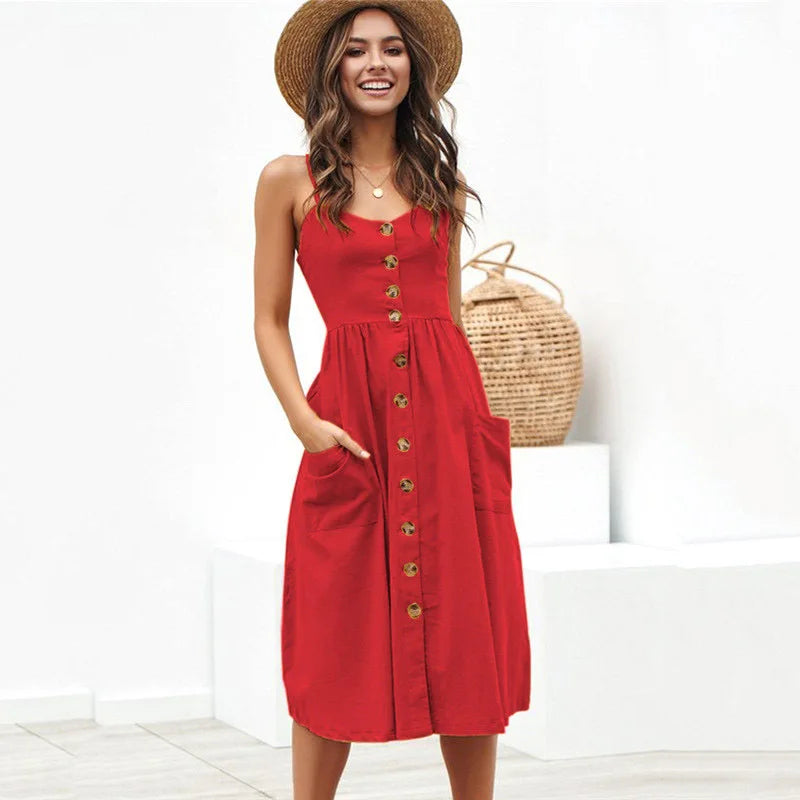Button Suspender Backless VNeck Midi Dress