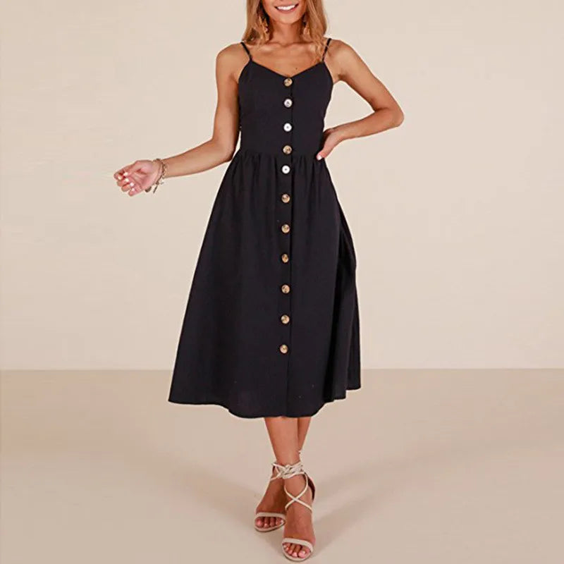 Button Suspender Backless VNeck Midi Dress