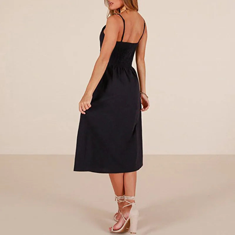 Button Suspender Backless VNeck Midi Dress