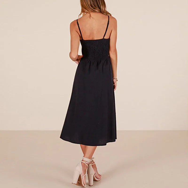 Button Suspender Backless VNeck Midi Dress